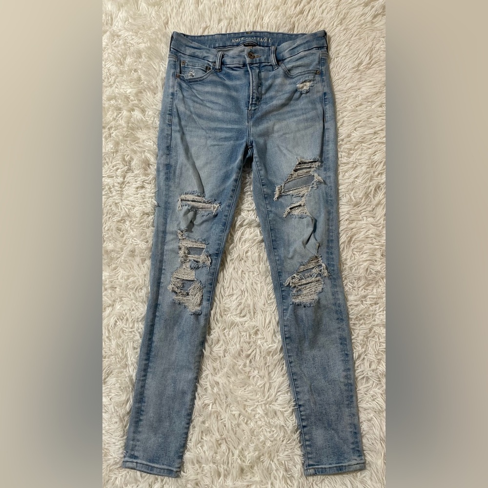 American Eagle Hi High Rise Jegging Jeans Luxe Stretch Grunge Distressed 10 Reg